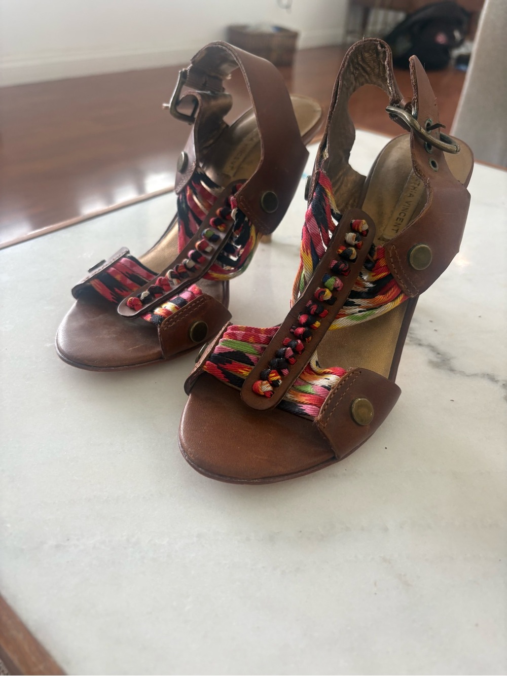 Cynthia Vincent Brown Leather Sandals with Multicolor Braided Straps